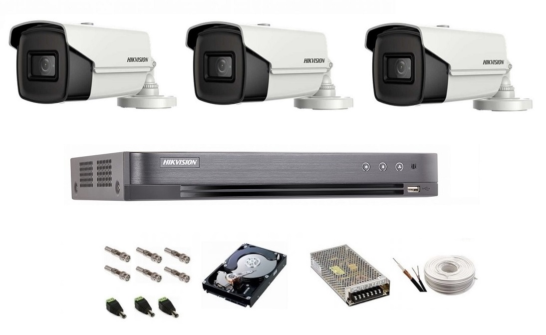 Sistem de supraveghere Hikvision Turbo HD, 4K / 8,3 Mp, 3 camere IR 60 m